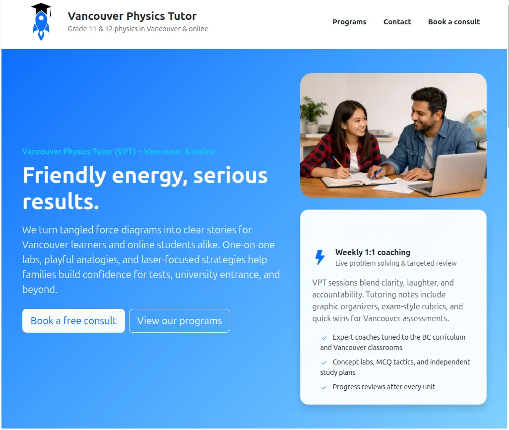 A landing page for a tutoring service